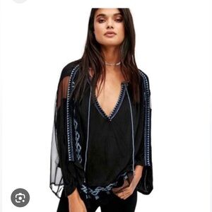 FREE PEOPLE BLACK AND BLUE EMBROIDERED TOP